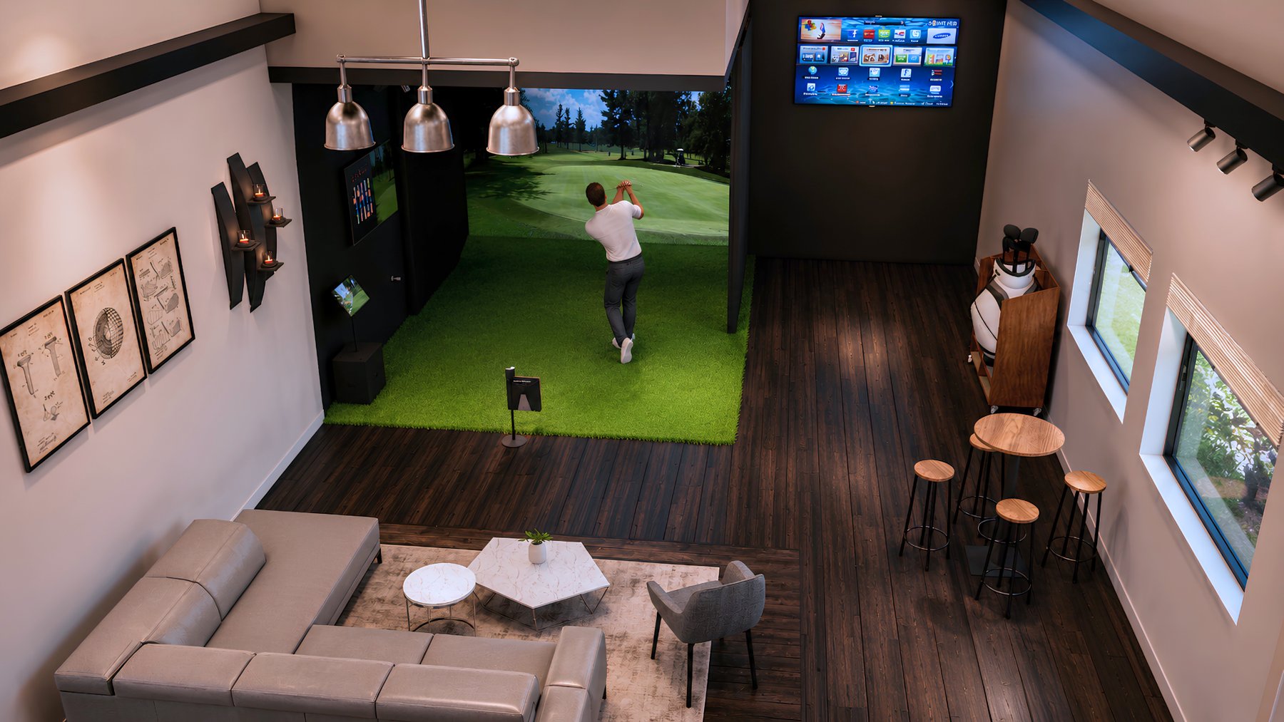 Concept render of a golf simulator with seating area