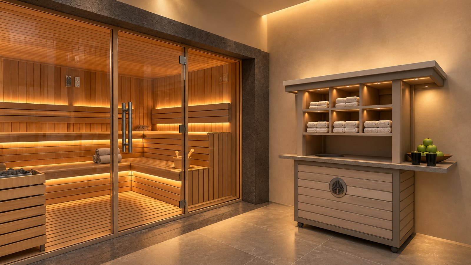 Concept render of the warm cedar sauna